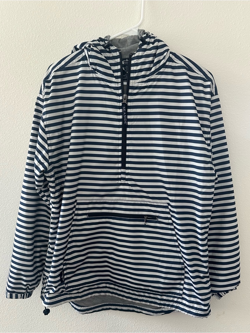 Charles River Apparel Navy and White Striped Hooded Pullover lined windbreaker